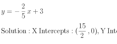 The y=-2/5 x+3 is X Intercepts: (15/2 ,0),Y Intercepts: (0,3)